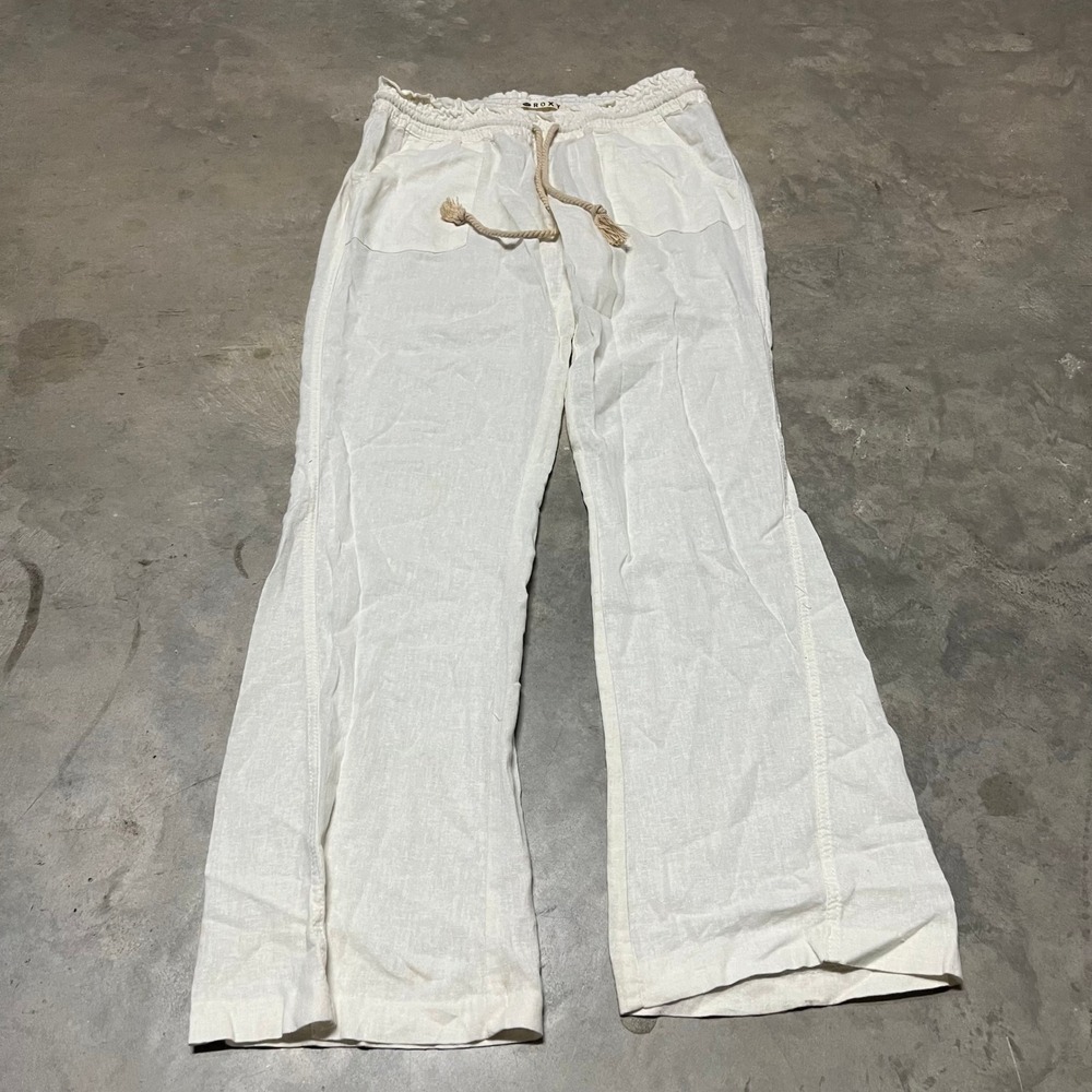 Roxy Oceanside Linen Blend Wide Leg Pants White Pearl Drawstring Large 473220V2